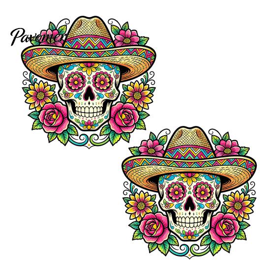 Removable PVC Holiday Murals Flower Skull Wall Sticker, Day of The Dead Decorative Customizable Vinyl Graphics Decals, Waterproof Stickers for Windows