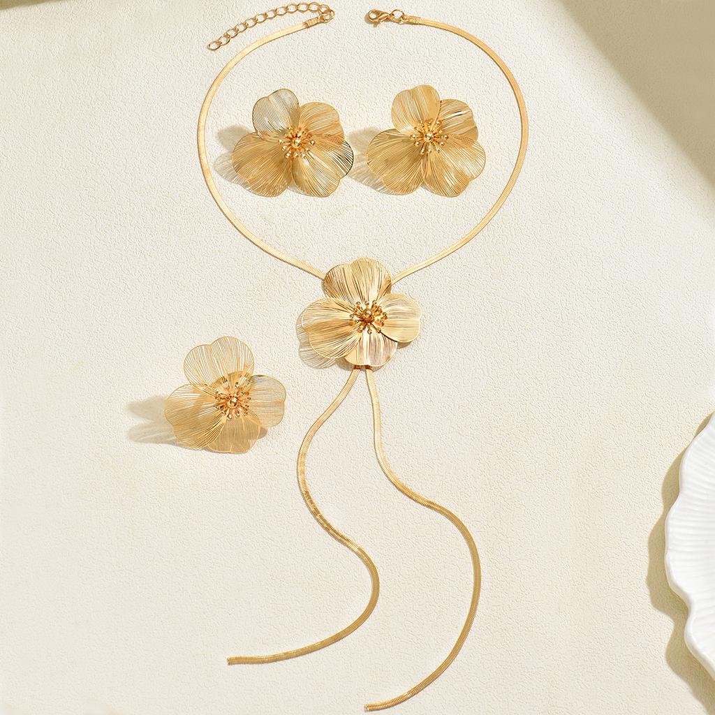 Set di Gioielli Floreali Geometrici alla Moda per Donna Orecchini a Pendente Floreali Texturizzati e Collana a Y Anello da Festa e Matrimonio Indossabile in Tutte le Stagioni