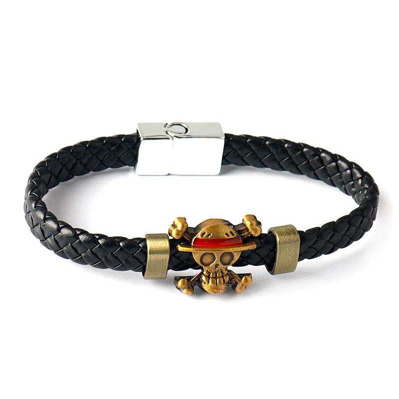 Bracelet en Cuir Multi-Couches One Piece Chapeau de Paille Luffy avec Design de Crâne