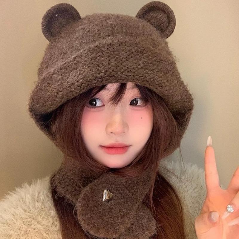 New bear knitted hat fashionable lazy style cute bear ears versatile wool ear protector headgear autumn and winter hat women