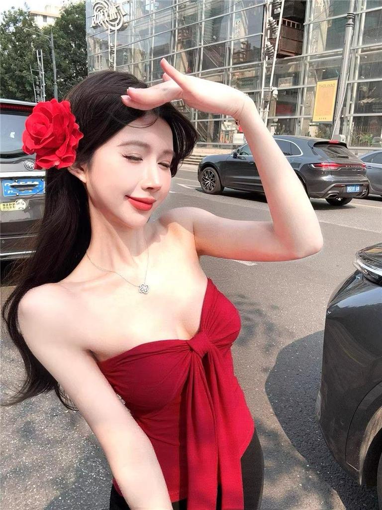 Women's Spicy Red Strapless Bow Crop Top - Sexy Summer Sleeveless Camisole