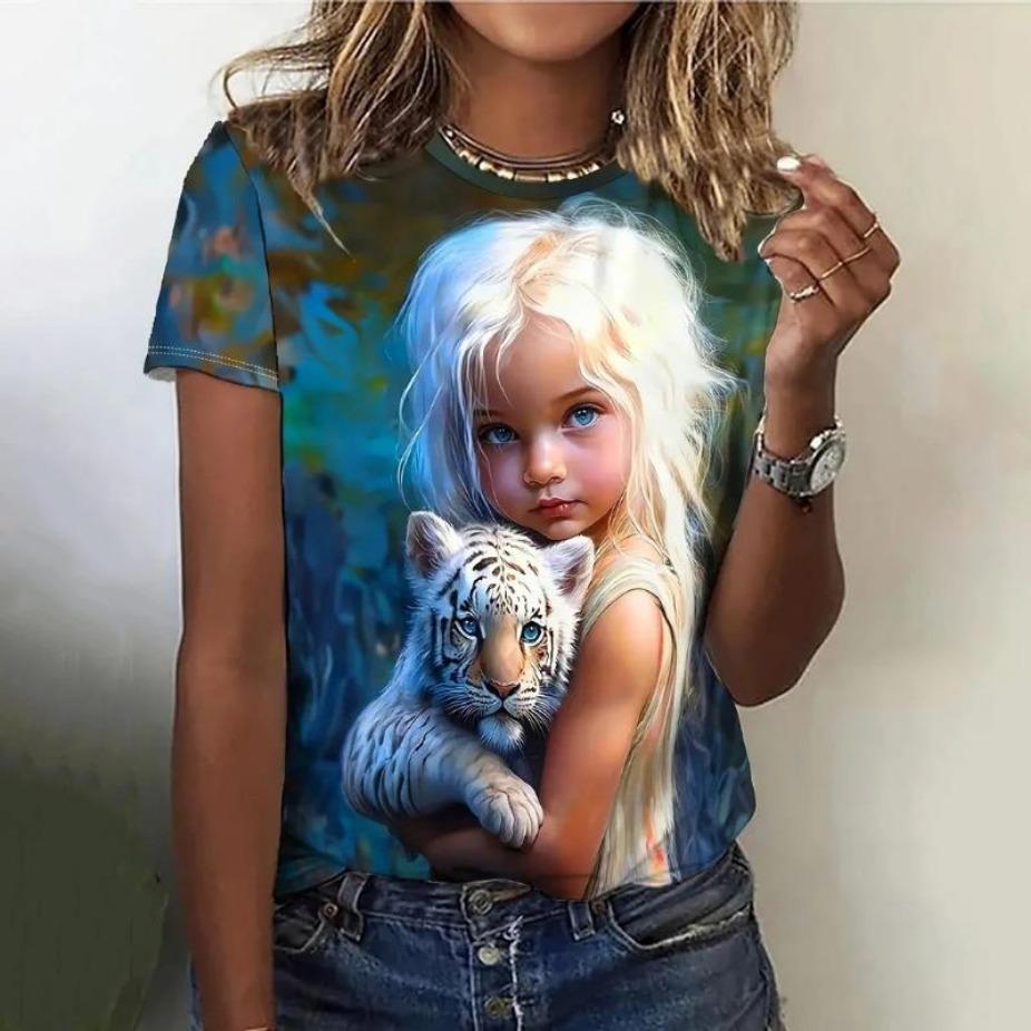 Summer Women's T Shirt Anime Girl Pattern Print Casual Short Sleeve Pullover Fashion Streetwear Cute Girl Tee Female Clothing