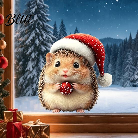 Seasonal Glass Decorations Cute Hedgehog with Santa Hat Christmas Window Clings Static Stickers for Removable Holiday Home Decoration Waterproof PVC