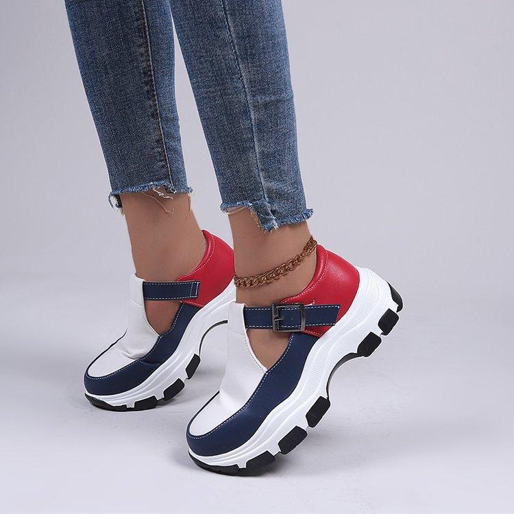 2025 new foreign trade thick-soled large-size women's shoes belt buckle hollow leather surface women's casual sports shoes 35-43