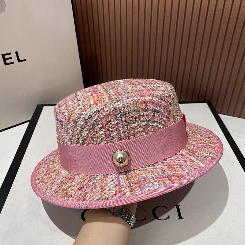 

Европейский светский стиль, нежная и элегантная жемчужная жаккардовая шляпа с плоским верхом, розовый твидовый цилиндр, модный женский праздничный цилиндр 56-58cm розовый