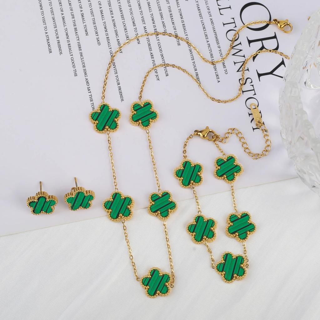 jewelry sales stainless steel five-leaf flower necklace bracelet earrings set high sense women's shamrock jewelry party