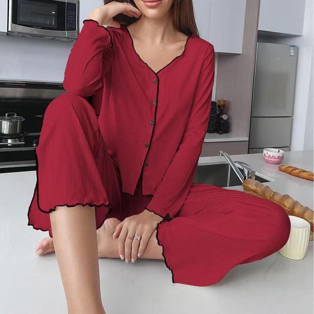 European and American Ribbed Knit Women's Pajama Set - Cardigan & Long Pants - Luxurious French Style Homewear for Autumn/Winter