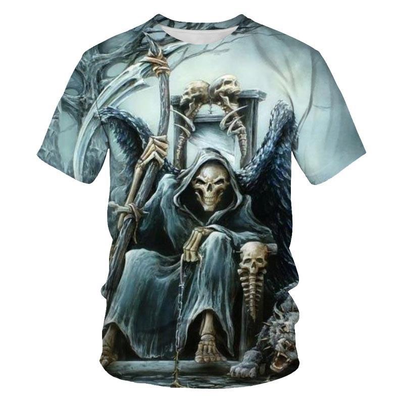 2026 Mens Streetwear Graphic Tee 3D Skull Print Loose Fit Crew Neck Short Sleeve Cotton T-Shirt