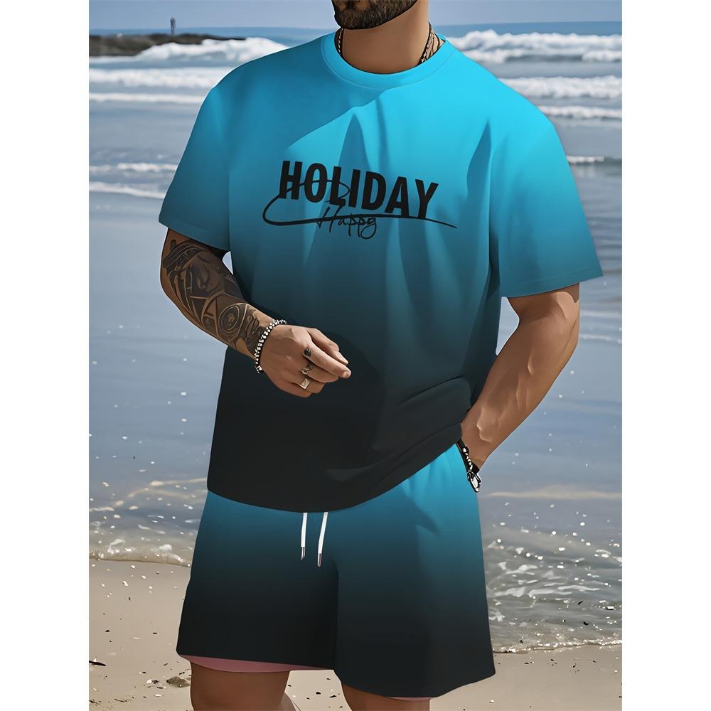 New Summer Plus Size Men's Two-piece Letter Print Pattern Fashion Short-sleeved Suit Street Men Loose Comfortable Shorts