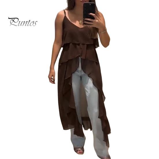 

Платье-слинг без рукавов с V-образным вырезом, неровным оборчатым подолом, платье с неровной короткой передней частью и длинной задней частью, однотонный дышащий верх L кофейный