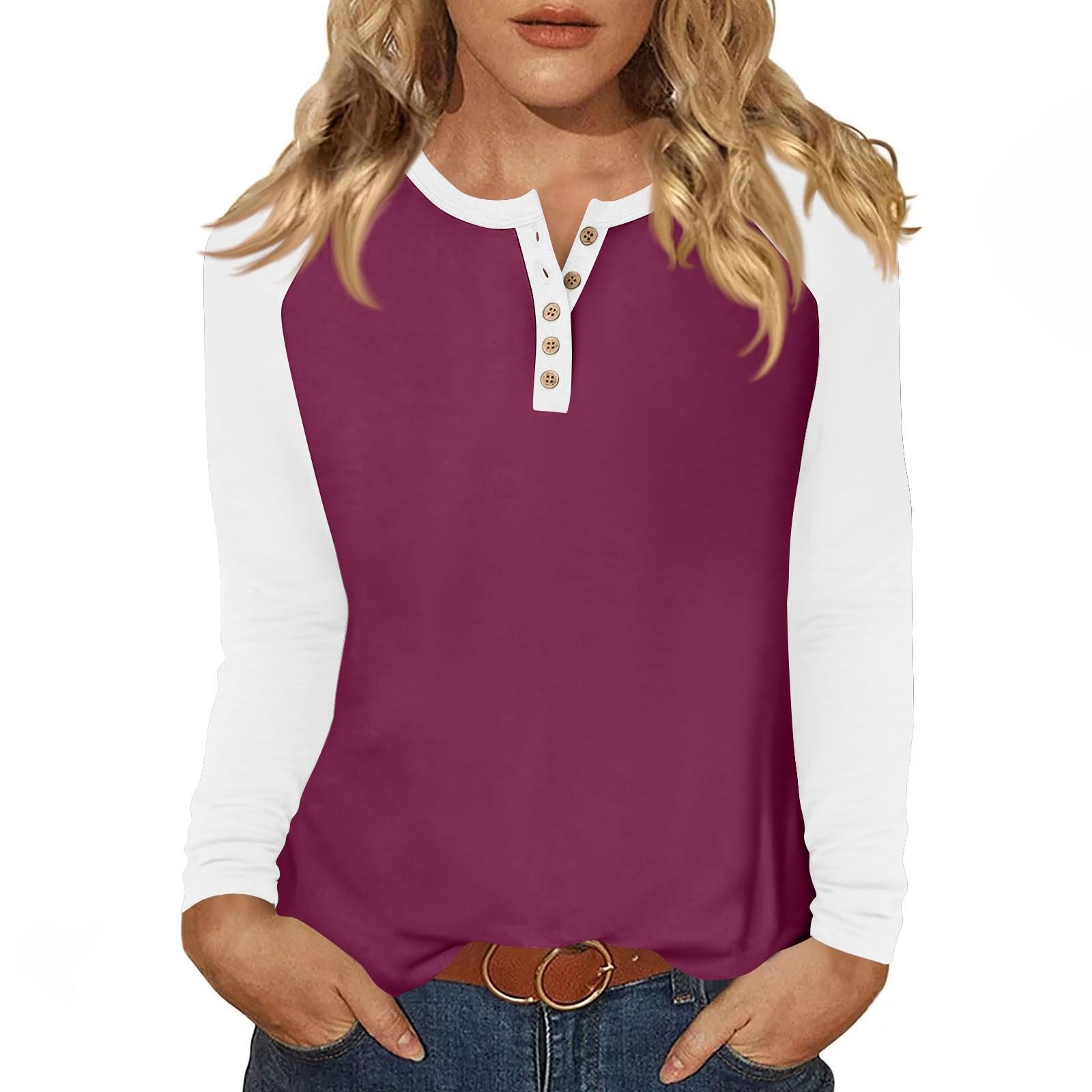 

Женская футболка с принтом, длинный рукав, повседневная мода, базовая, круглый вырез, пуговицы, рукав реглан, топ XL винный