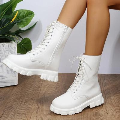 2025 Stiefel Damen Herbst Winter PU Leder Weiß Stiefeletten Motorrad Damen Klobige Absätze Plateau Stiefel