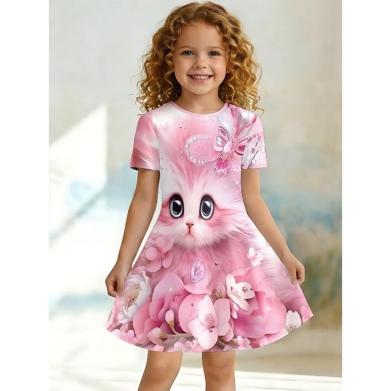 Cute Dress for Young Girls, Short Sleeved Round Neck Children's Party A-line Dress Suitable for Birthday Gifts