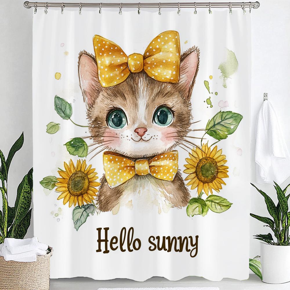 Funny Cat Shower Curtains Cute Cartoon Cat Bath Curtain,3d Printed Creative Bathroom Accessories Home Decoration With Hooks