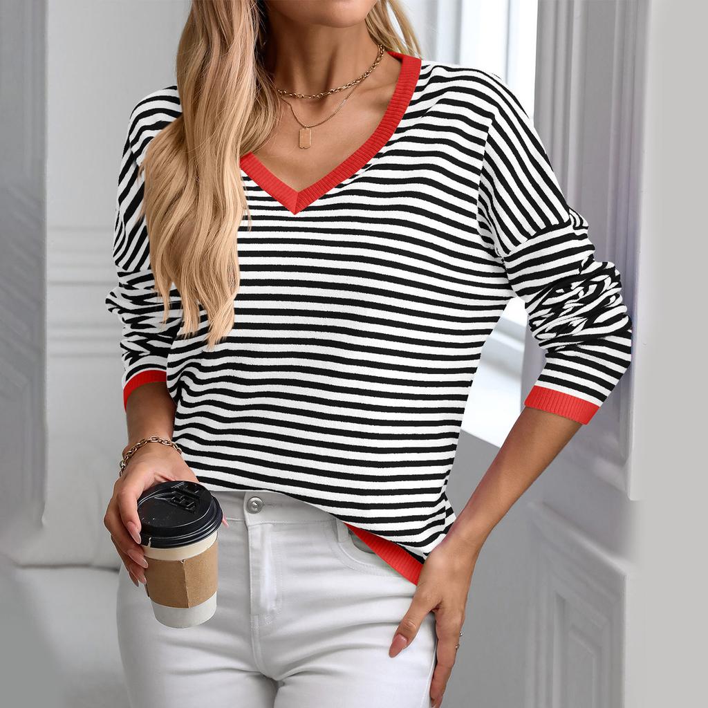 Damen V-Ausschnitt Gestreift Farbe Langarm Lässiger Pullover