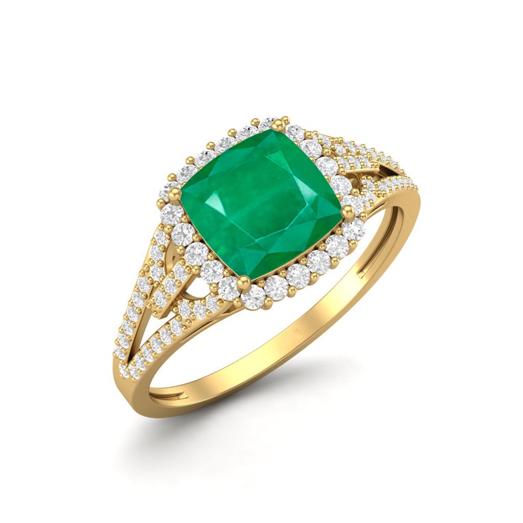 925 Sterling Silver Gold Vermeil 3.82 Cts Cushion Shape Emerald Solitaire with Accent Wedding Women Ring