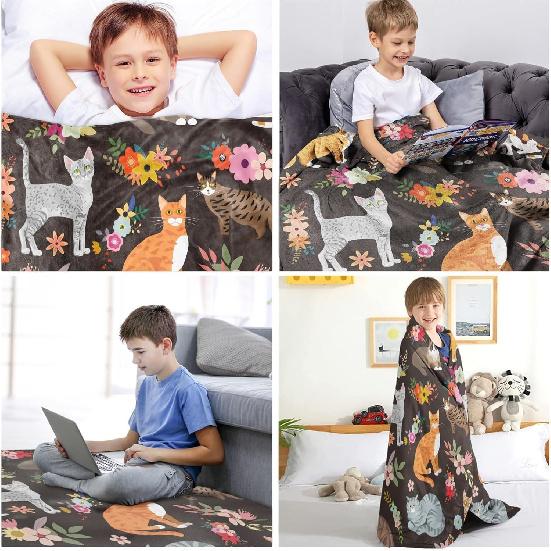 Cats Blanket Cat Present Soft Flannel Lightweight Cats and Flowers Throw Blanket for Kids Girls Boys All Season Cartoon Animals Blankets for Sofa