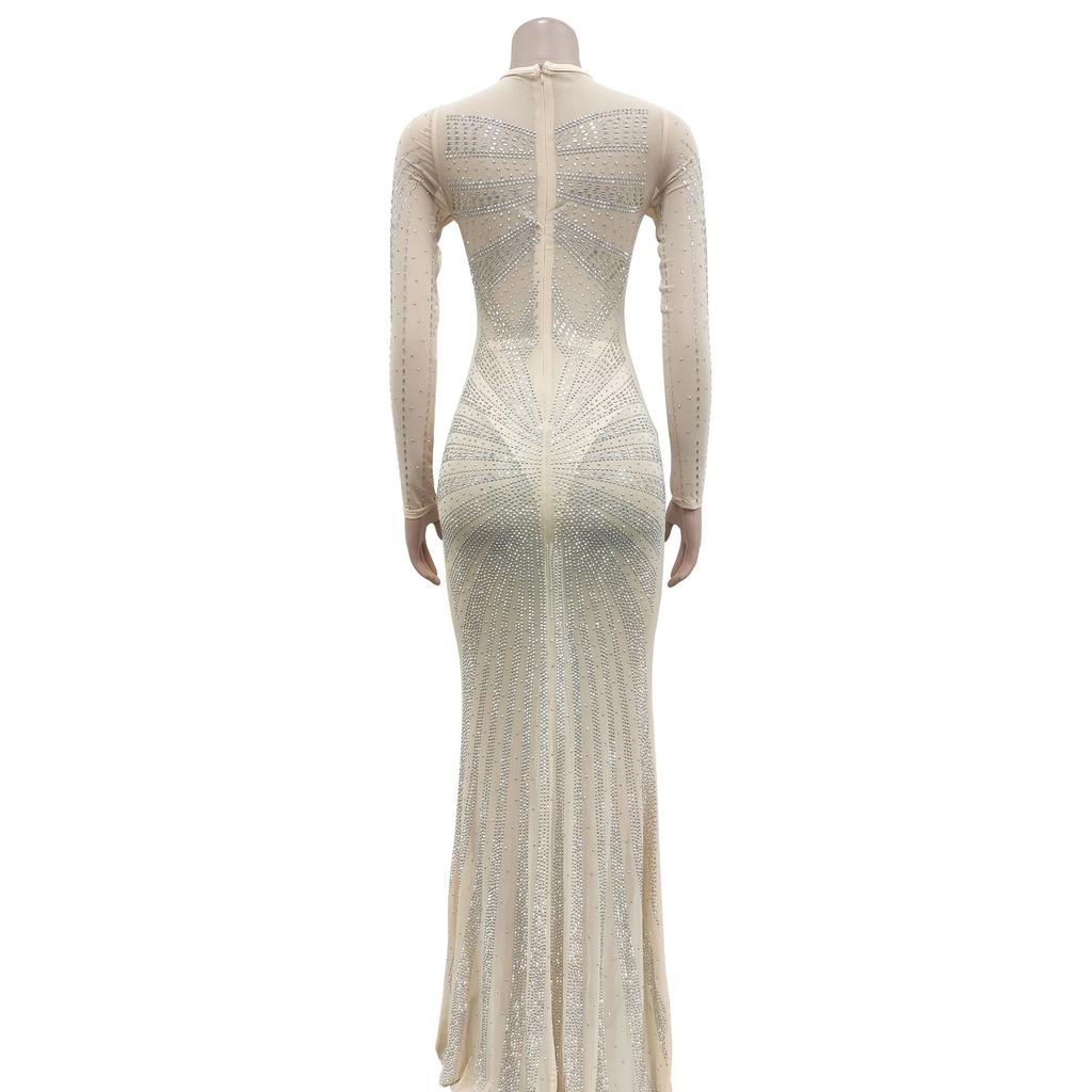 Vestido de noche Vestido largo de manga larga con diamantes de imitación transparentes de malla de color sólido para mujer a la moda