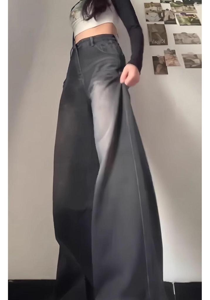 Women's Black-Grey Wide-Leg Jeans, Plus-Size, High-Waisted, Slimming Straight-Leg, Hip-Covering, Spring/Autumn Style, 2026 New Fashion.