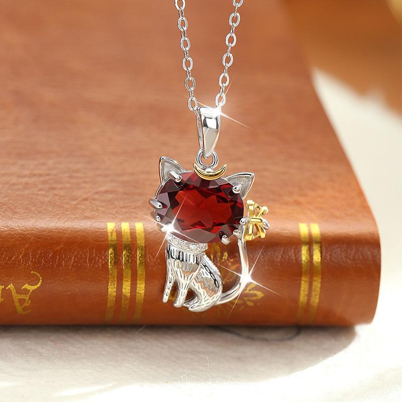 Natural crystal stone cat pendant S925 sterling silver necklace women's niche cute style girl gift jewelry