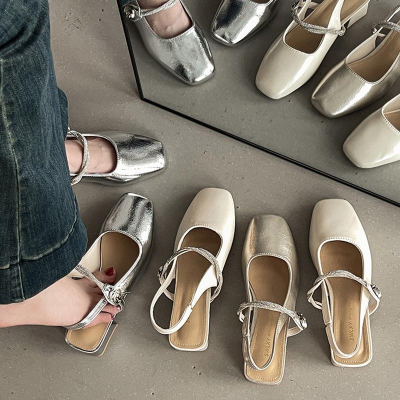 French Minimalist Temperament Square Head Thick Heel Mary Jane Shoes Women's 2025 New Summer Rhinestone Single Shoes Bag Head Sandals