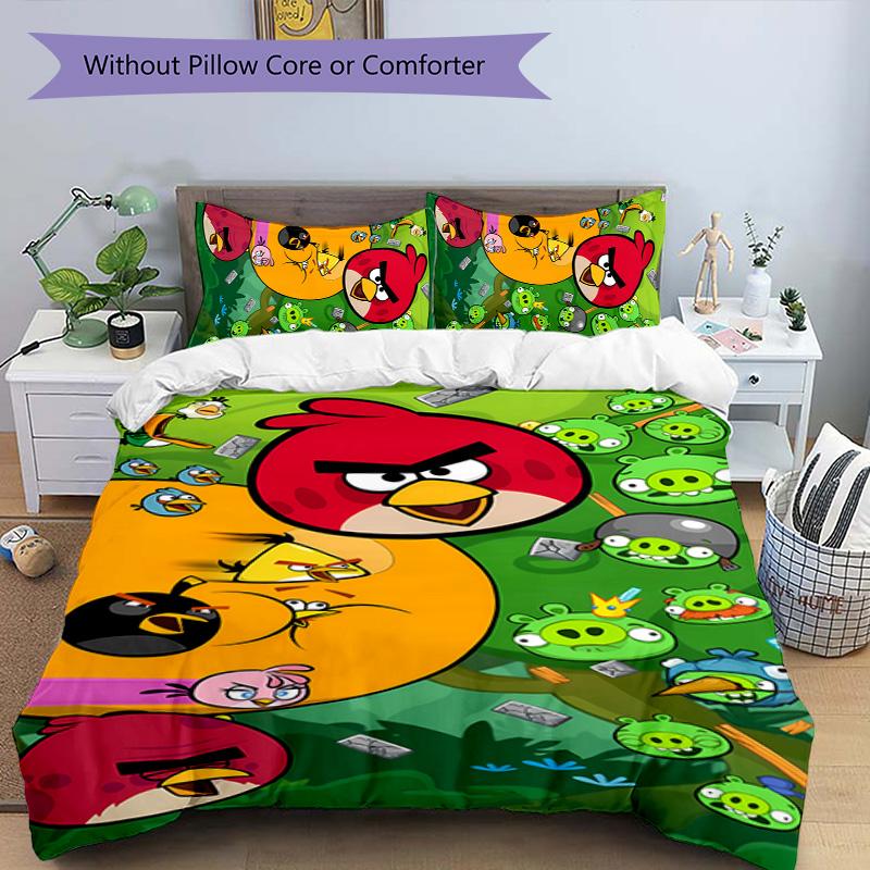 3pcs angry Birds pattern bedding set duvet cover set includes duvet cover &pillowcases, perfect all season bedroom decoration & gift