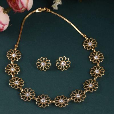 Gold Plated Flower Necklace Set with 24K Diamonds for Women