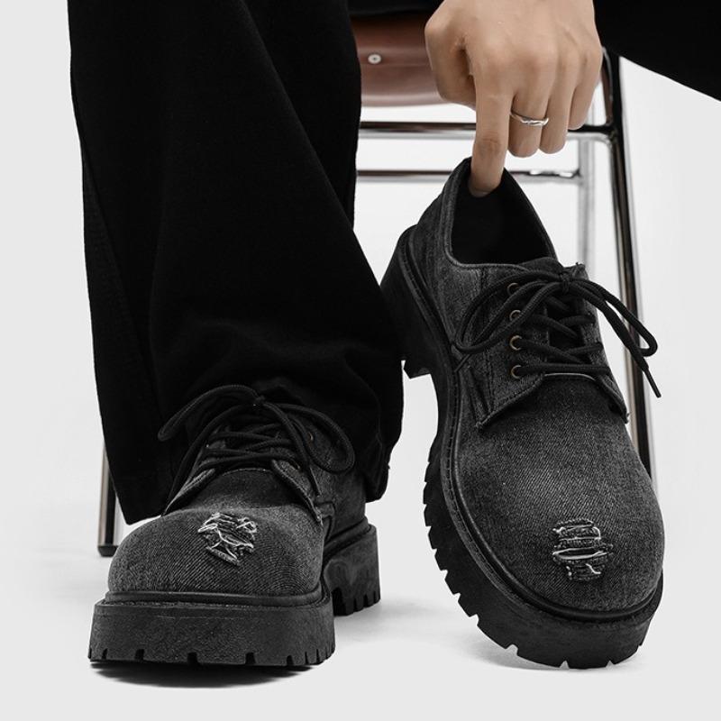 Fashion Men's Distressed Denim Platform Round Toe Derby Shoes Casual Big Head Leather Shoes Niche Avant-Garde Streetwear Shoes for Mens