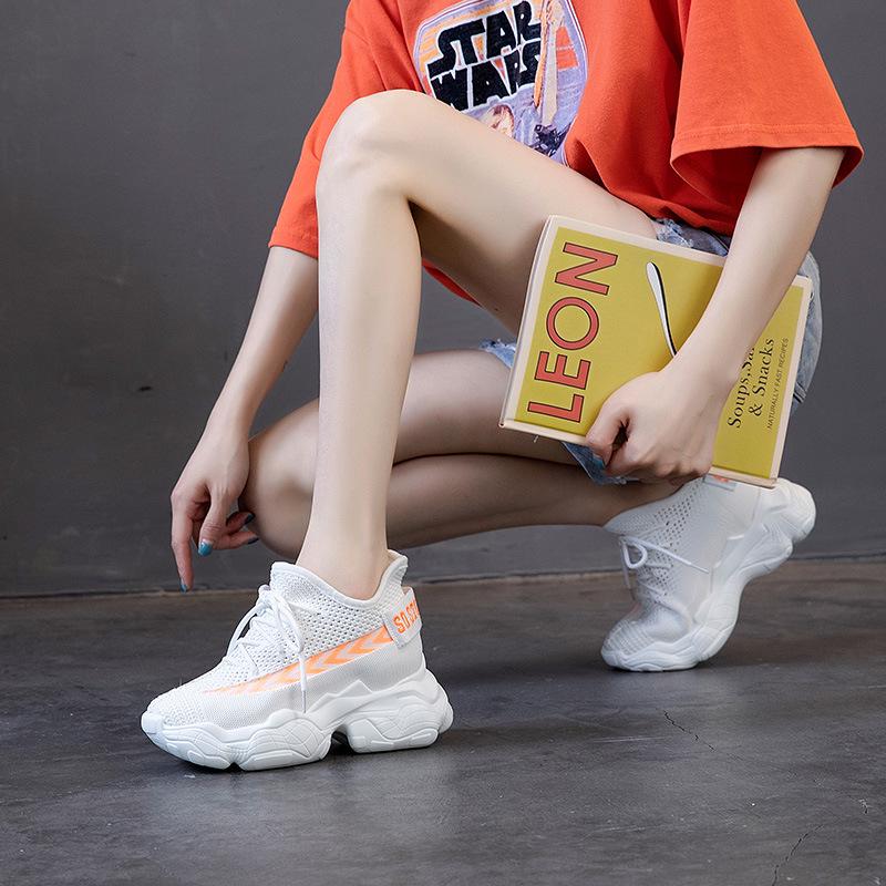 Fashion High Quality 8CM Knitting Air Mesh Women Spring Summer Shoes Chunky Sneakers Platform Wedge Breathable Fashion Sneakers Slip On