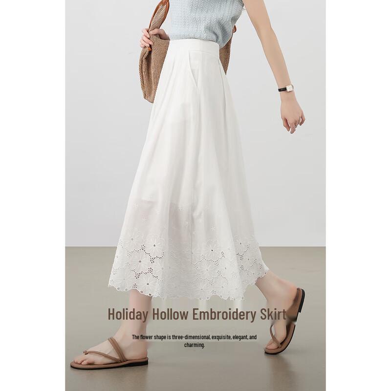 Women's Cotton Embroidered High-Waisted A-Line Midi Skirt