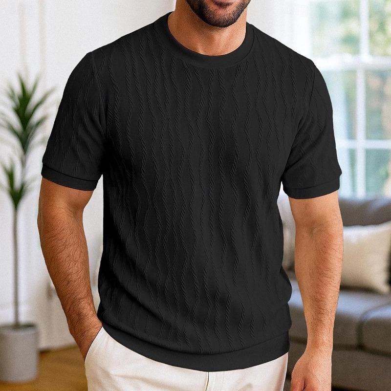 Camiseta Masculina Europeia Americana de Manga Curta Suéter Jacquard Gola Redonda Pulôver Canelado