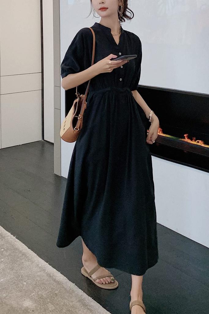 Chubikime Summer Long Short Loose Casual Women's Dress, Sleeve, V-Neck, Midi, A-Line, Black, Slimming, Fit, Formal, Commuting,