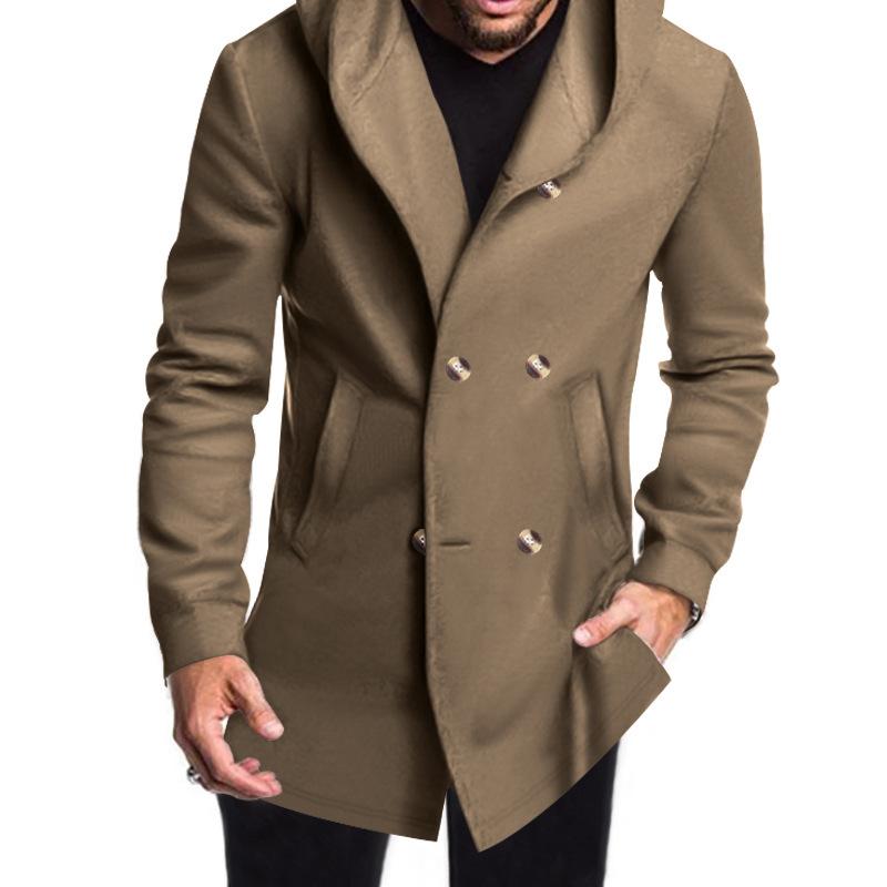 New Arrival Men's Mid-Length Slim-Fit Trench Coat with Hood - Solid Colour Casual Jacket