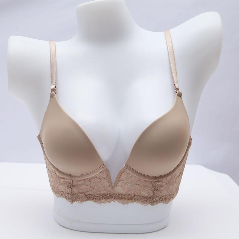 French Sexy Bra Deep V Seamless Underwear Women Lace Embroidery Push Up Bras Summer Detachable Strap Backless Brassiere