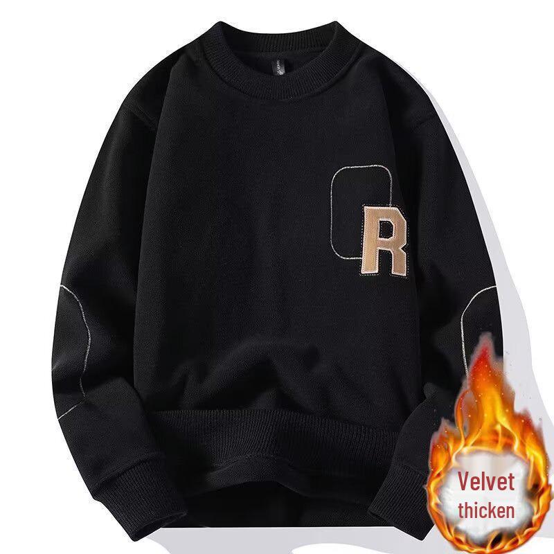 Men s Embroidered Round Neck Fleece Pullover - Warm, Thick Autumn/Winter Sweatshirt, Trendy Printed Design. Large