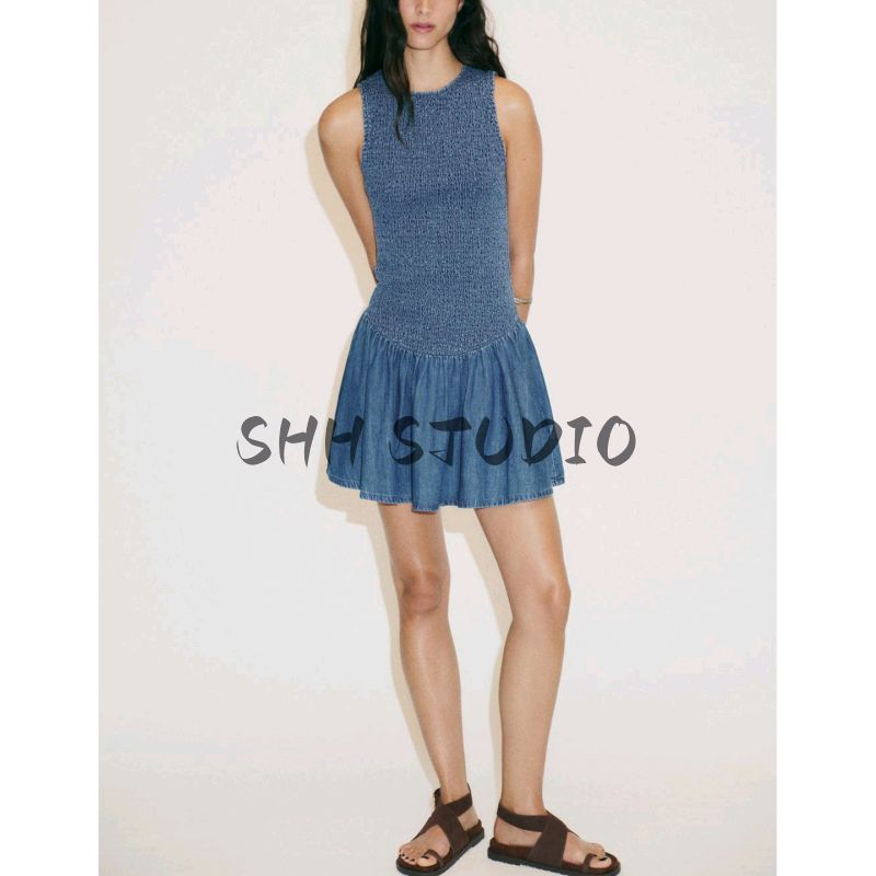 Summer Women clothes Casual Style Back Slit Design Honeycomb Grid Sleeveless round Neck Short Dress 4365280