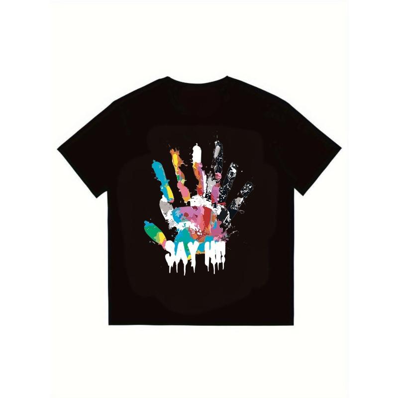 

Men s Black T-Shirt Colorful Handprint Say Hi Graphic Print Casual Streetwear Top for Everyday Wear and Music Events XXXXL чорний