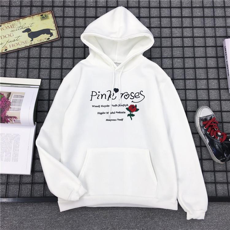 Student Fleece Flower Print Hoodie for Autumn Winter Women Couple Long Sleeve Casual Outfit Pullover