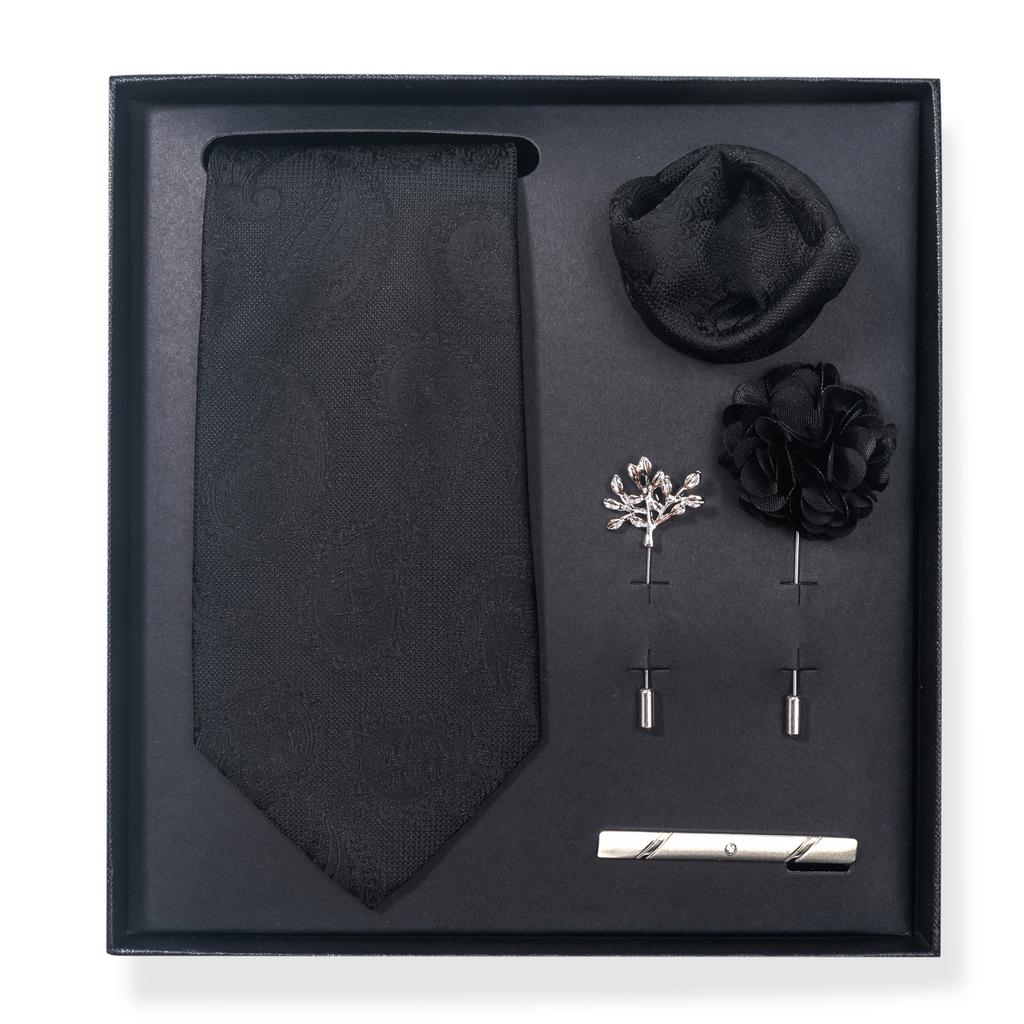 Tie Men'S Trend Net Color Striped Cashew Nut Tie 6-Piece Gift Box Square Scarf Tie Clip Corsage Set