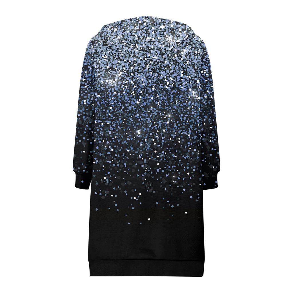 Women's Fashionable Printed  Long Sleeved Drawstring Hooded Zipper Pocket Long Casual Sweatshirt Jacket