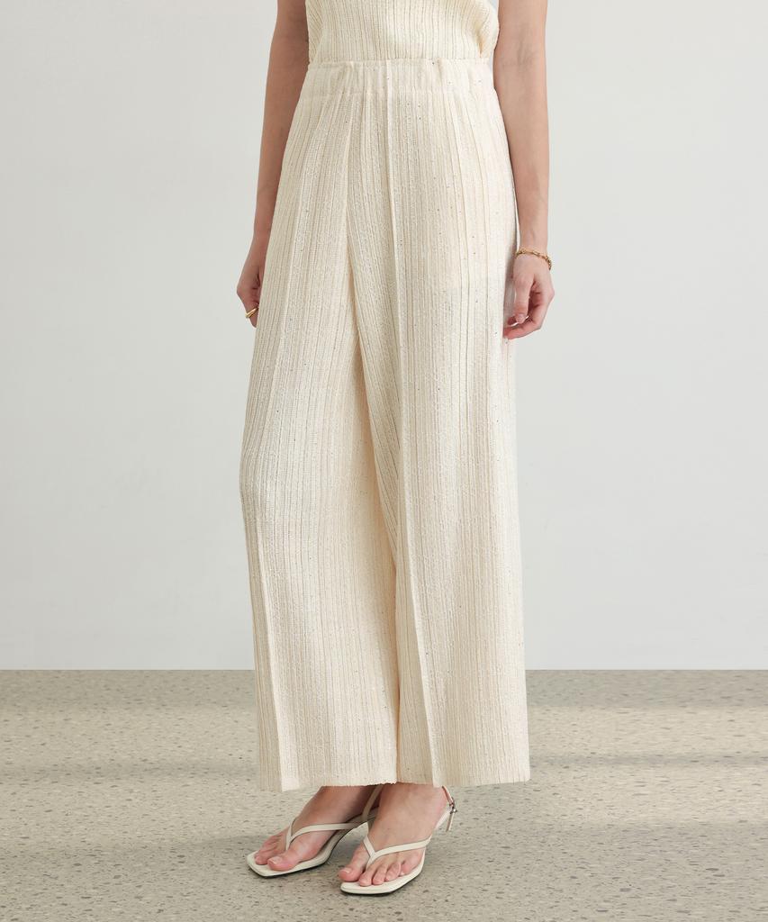 PLEATSMOOD Tweed Pleated Pintuck Elastic Pants