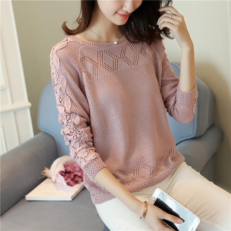 

Корейская версия женский ажурный пуловер с полыми рукавами вязаный свитер на весну пуловеры длинные рукава женские One size