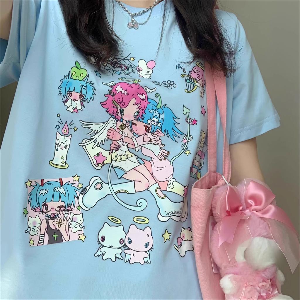 2025 summer pure cotton Women funny cartoon Print T-Shirt harajuku Round Neck oversized Casual Y2K Tops young girl t shirts streetwear