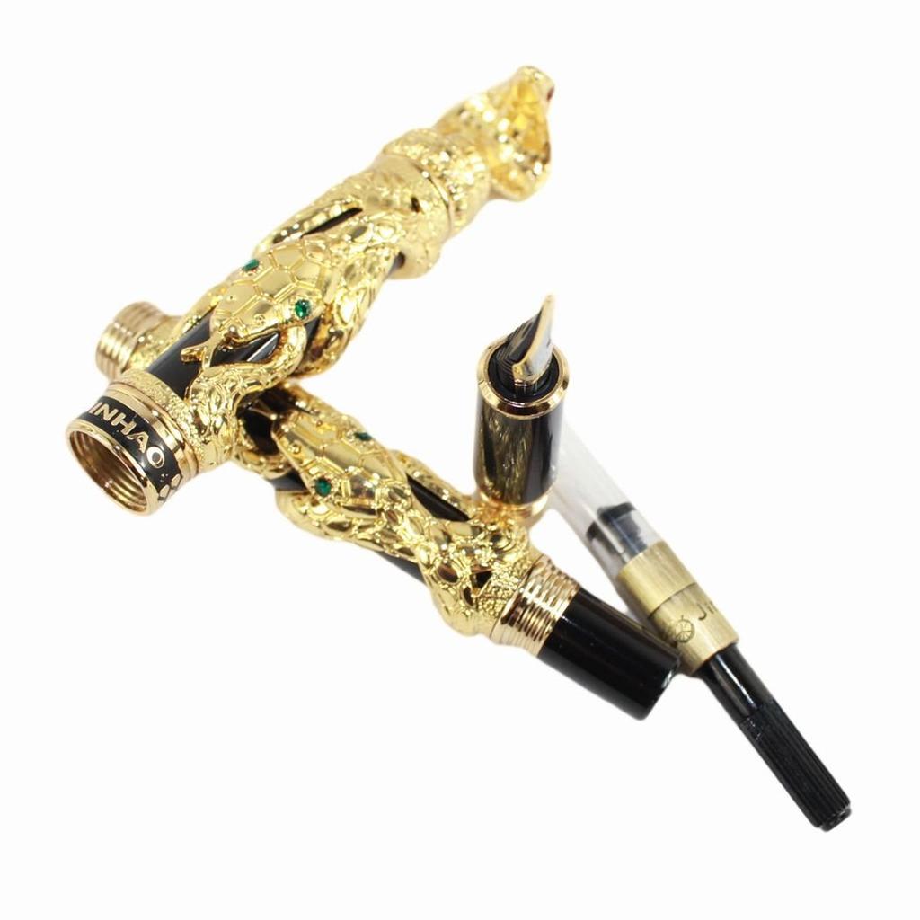 Gullor Fountain Pen Black and Gold Snake 3D Medium Nib Pattern,
