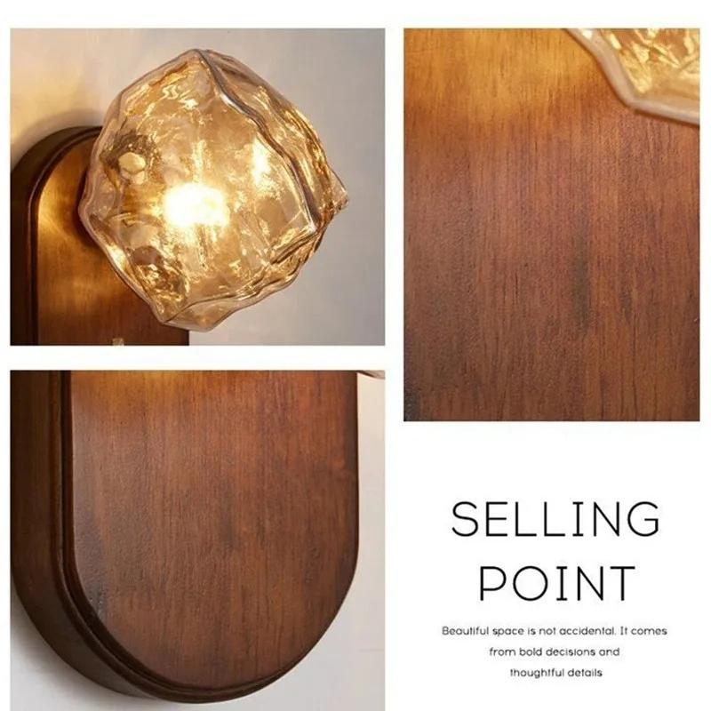 1PC New Wood Amber Gray Glass Wall Light Bulb Stairs Aisle Light Living Room Bedroom Bedside Walnut Color Light Fixtures