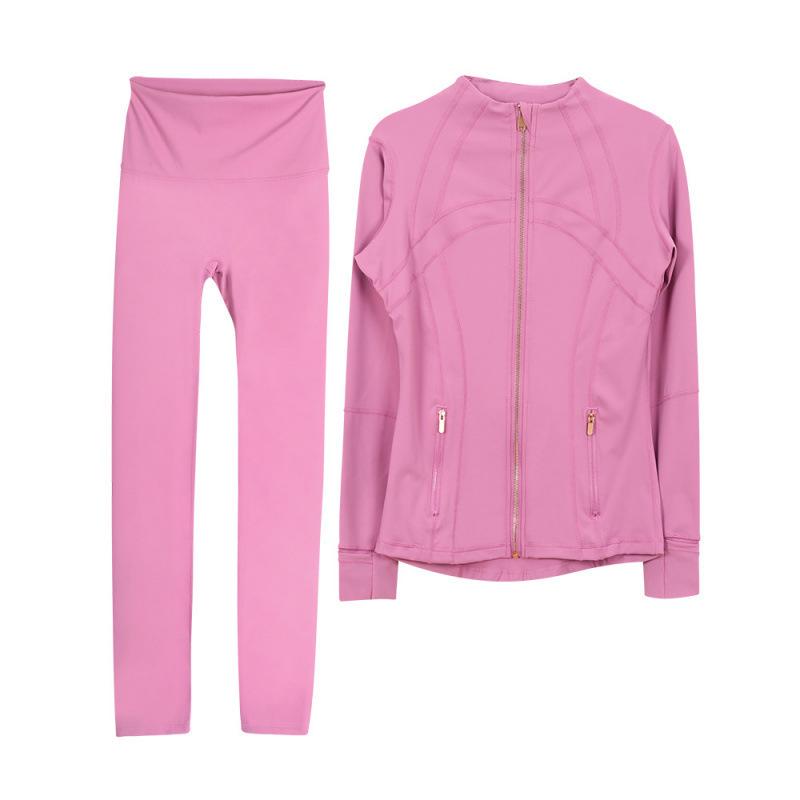 Lulu Original Yoga Anzug: Schnelltrocknendes Set mit Stehkragenjacke & Elastischer Neun-Punkt-Hose, Goldener Reißverschluss.