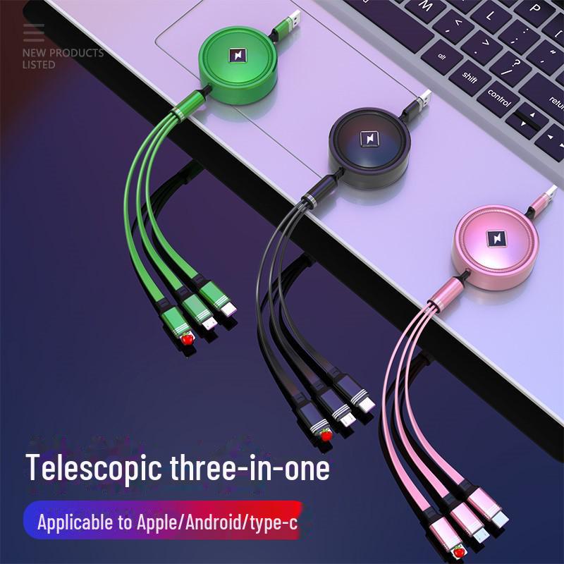 66W Fast-Charging Retractable 3-in-1 Data Cable with Storage & Electroplated Type-C