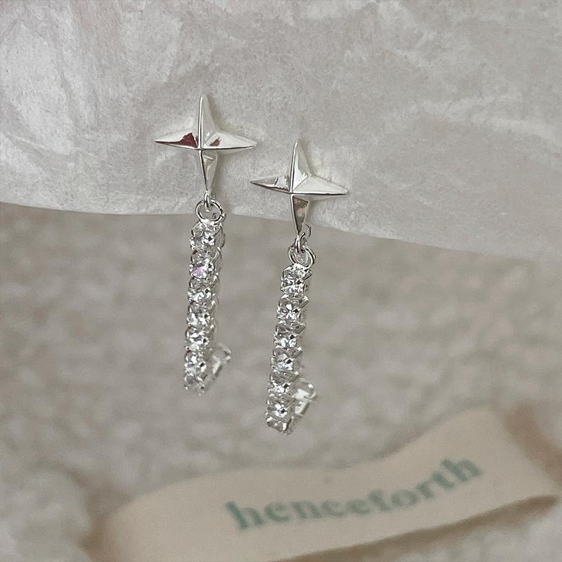 Exquisite Zircon Four-Point Star Earrings, Tide Temperament Long Fringed Cross Meteor Earrings