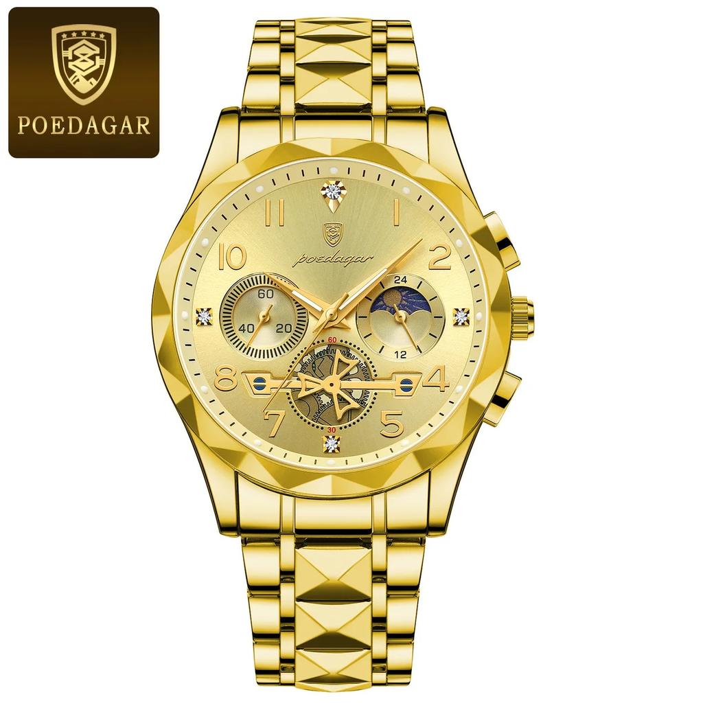 POEDAGAR Luxusuhr für Mann Sport Edelstahl Herren Quarzuhr Wasserdicht Leuchtend Chronograph Herrenuhren