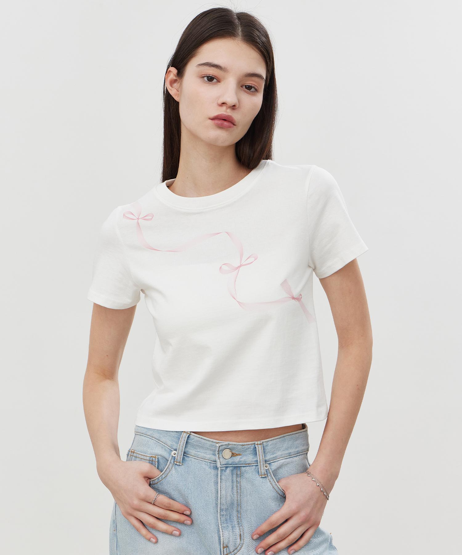 Itove Seoul Ribbon Short Sleeve T-Shirt Wh M